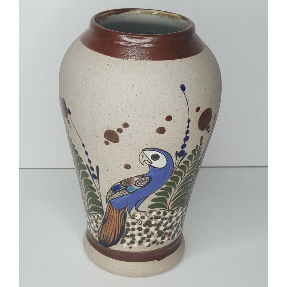 Mexico Mateos Tonala Pottery Handpainted Sandstone Vase Bird Parrot Butterfly 9”
